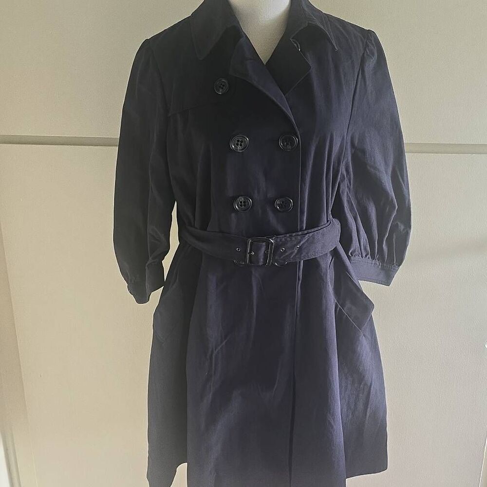 BCBG MAX AZRIA  NAVY "ALEXANDRA" Trench Coat, 3/4 SLEEVE, Swing Back, NWT, L - Picture 6 of 12